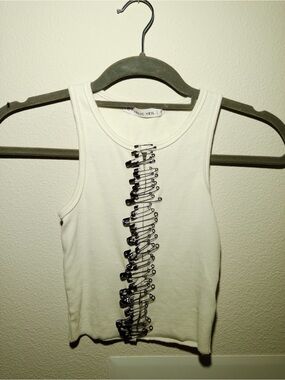White Tank Top with Safety Pin Accent
